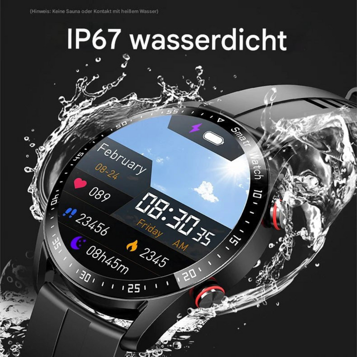 Schwarze Smartwatch mit IP67 Wasserdichtigkeit, Bluetooth-Anrufe, Fitness-Tracking, rundes Display.