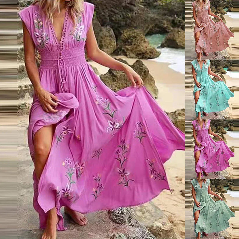 Boho Sommer-Midikleid mit V-Ausschnitt und Luftigem Schnitt – Talia
