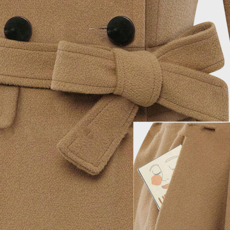 Beiger Wollmantel mit Gürtel und schwarzen Knöpfen, elegantes Design, Damenmode.