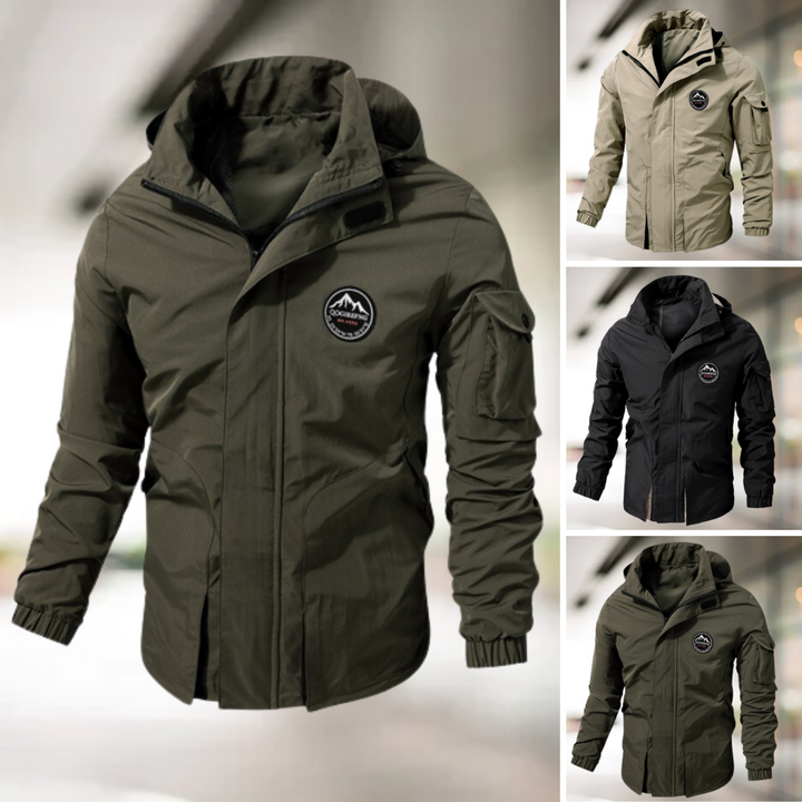 Militärische Bomberjacke, olivgrün, mit Kapuze, Reißverschluss, wetterfest, Herrenmode.