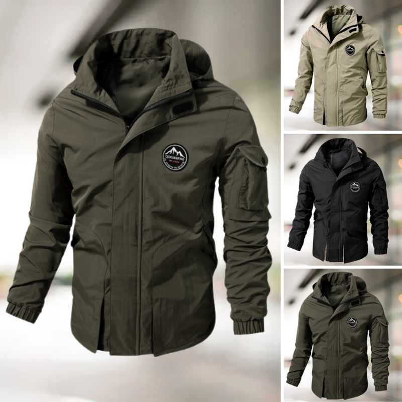 Militärische Bomberjacke, olivgrün, mit Kapuze, Reißverschluss, wetterfest, Herrenmode.