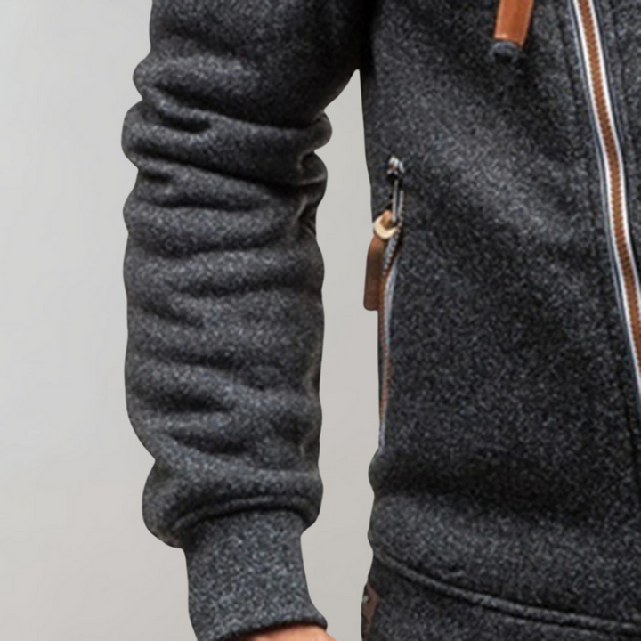 Schwarze Herrenjacke mit Reißverschluss, Wollmischung, lässiger Stil, Detailansicht.