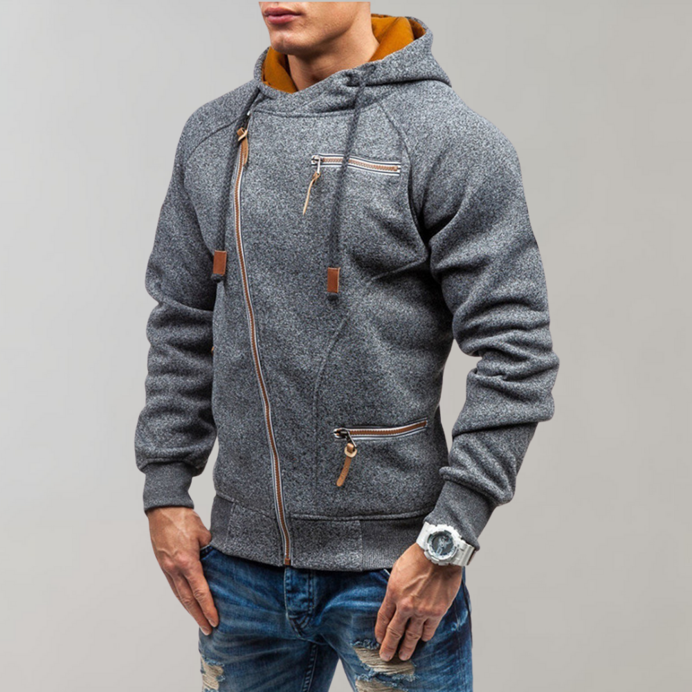 Grauer Herren-Hoodie mit Reißverschluss, Kapuze und Taschen, modisch, bequem, Freizeitkleidung.