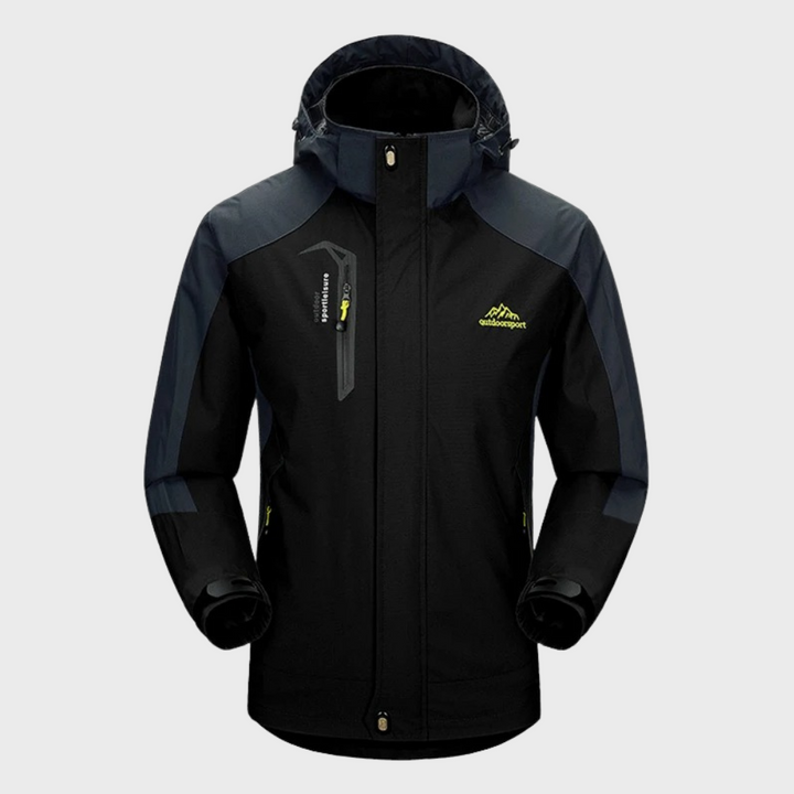 Schwarze Outdoor-Jacke mit Kapuze, wasserdicht, winddicht, Herren, funktional, atmungsaktiv.