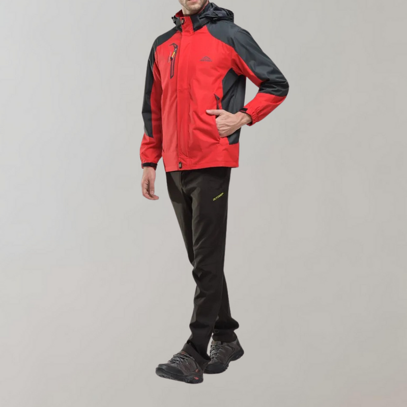 Rote Outdoor-Jacke mit Kapuze, wasserdicht, Herrenmode, funktionale Freizeitkleidung.