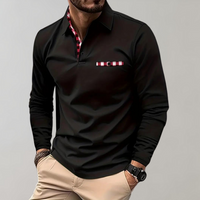 Schwarzes Herren-Poloshirt mit rotem Karomuster, Langarm, elegantes Design.