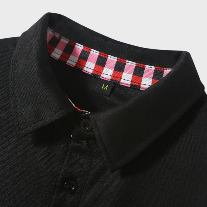 Schwarzes Polohemd mit kariertem Kragen, Baumwolle, Größe M, modisch, Herrenbekleidung.