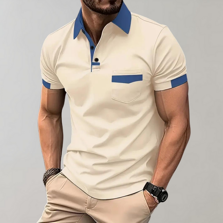 Herren Poloshirt beige-blau, Kurzarm, Baumwolle, modisch, Freizeitkleidung, Sommermode.