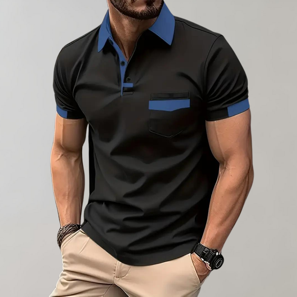 Schwarzes Herren-Poloshirt mit blauen Akzenten, Kurzarm, modisch, Freizeitkleidung.