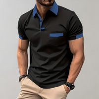 Schwarzes Herren-Poloshirt mit blauen Akzenten, Kurzarm, modisch, Freizeitkleidung.