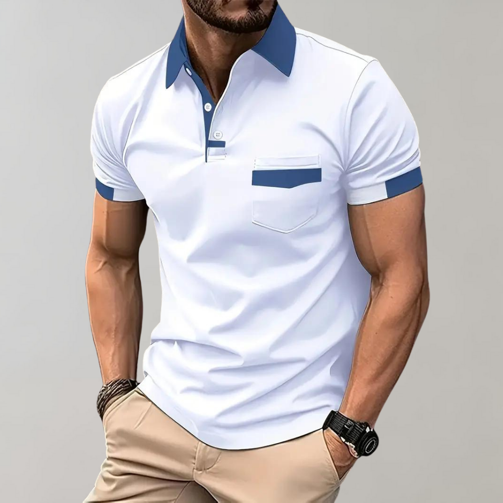Herren-Poloshirt weiß-blau, Kurzarm, Baumwolle, modisch, Freizeitkleidung, Sommermode.