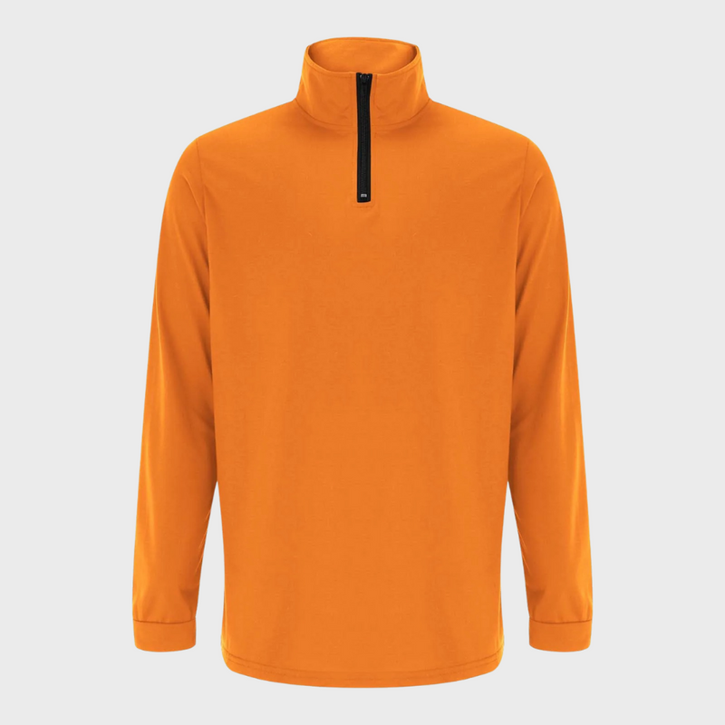 Orangefarbener Pullover mit Reißverschluss, Langarm, Unisex, atmungsaktiv, Freizeitmode.