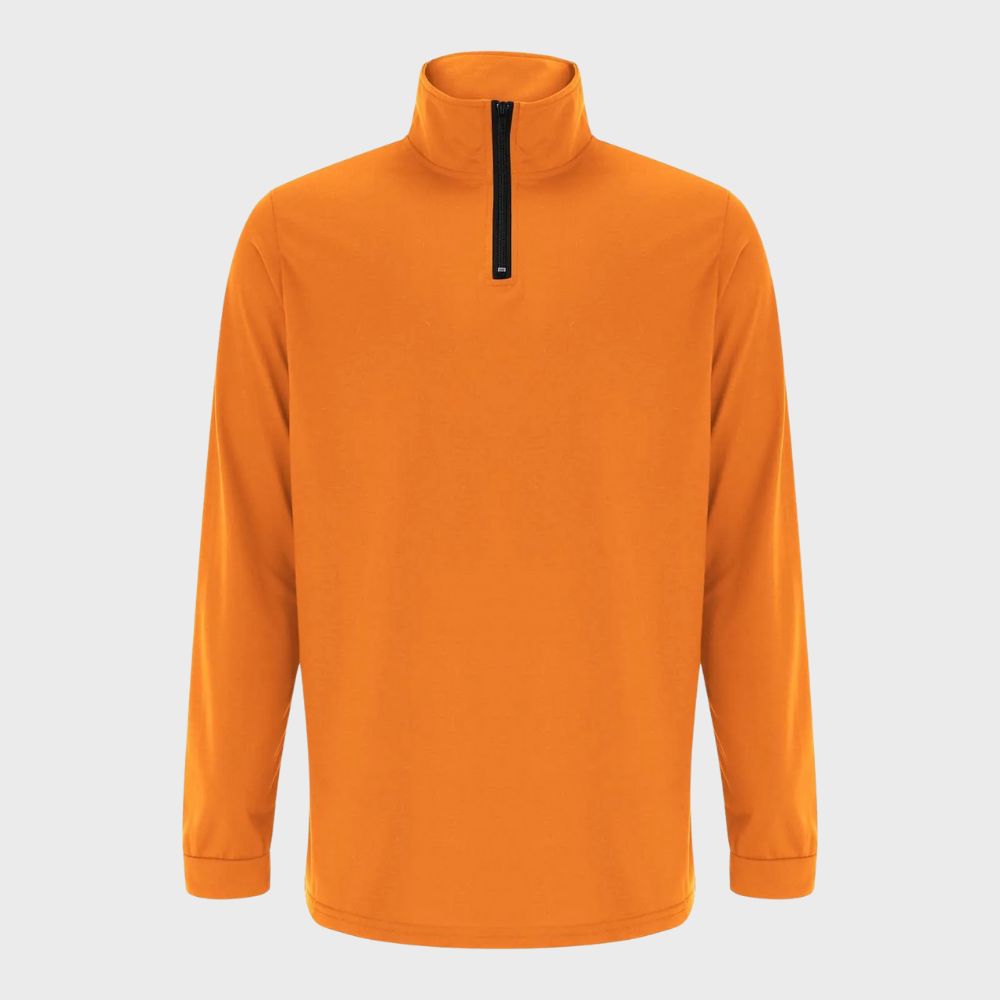 Orangefarbener Langarm-Pullover mit Reißverschluss, Herrenmode, Freizeitkleidung, Baumwolle.