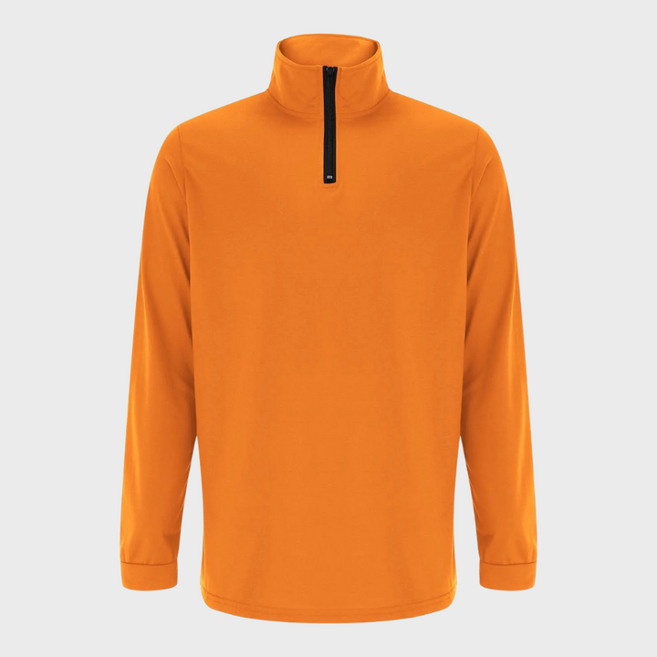 Orangefarbener Langarm-Pullover mit Reißverschluss, Herrenmode, Freizeitkleidung, Baumwolle.