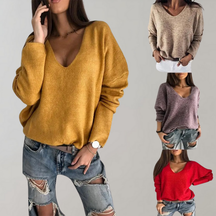 Frau in gelbem V-Ausschnitt-Pullover, zerrissene Jeans; weitere Pullover in Beige, Lila, Rot.
