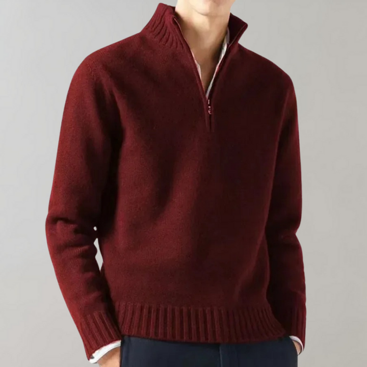Roter Herrenpullover mit Reißverschluss, Strick, warm, modisch, Wintermode, elegantes Design.