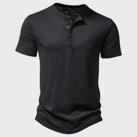 Schwarzes Herren-Henley-Shirt, kurzärmelig, Baumwolle, Knopfleiste, lässig, modisch