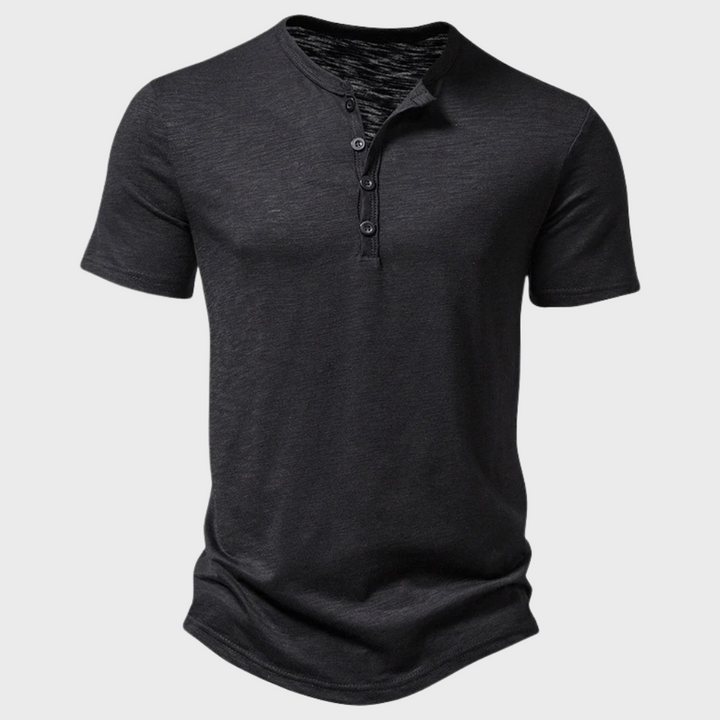 Schwarzes Herren-Henley-Shirt, kurzärmelig, Baumwolle, Knopfleiste, lässig, modisch