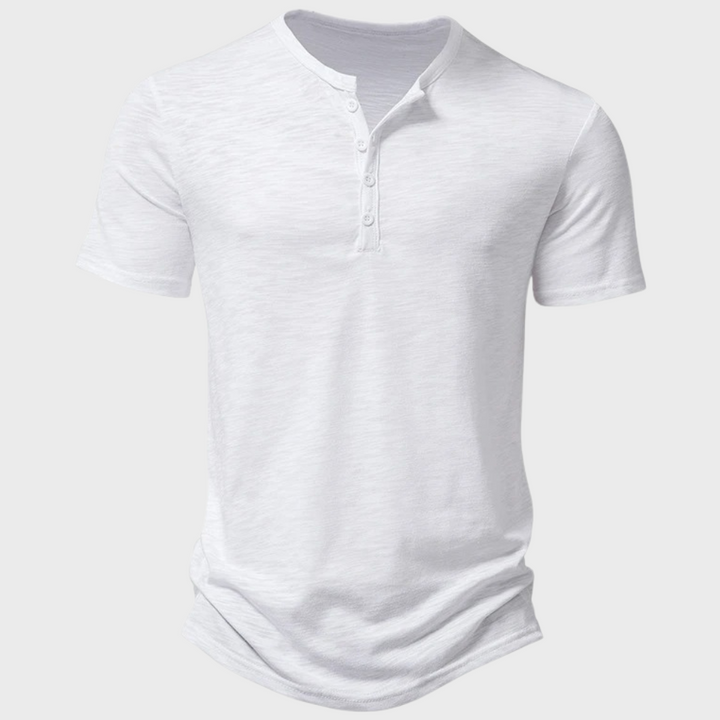 Weißes Herren-Henley-Shirt, kurzärmelig, Baumwolle, Knopfleiste, lässig, modisch.