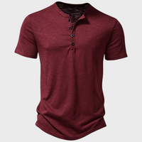 Bordeauxrotes Herren-Henley-Shirt, kurzärmelig, Baumwolle, Knopfleiste, lässig, modisch.