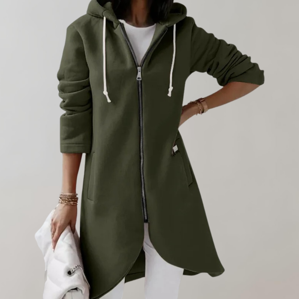 Grüner Damen-Hoodie-Mantel mit Reißverschluss, Kapuze und Taschen, lässige Mode.