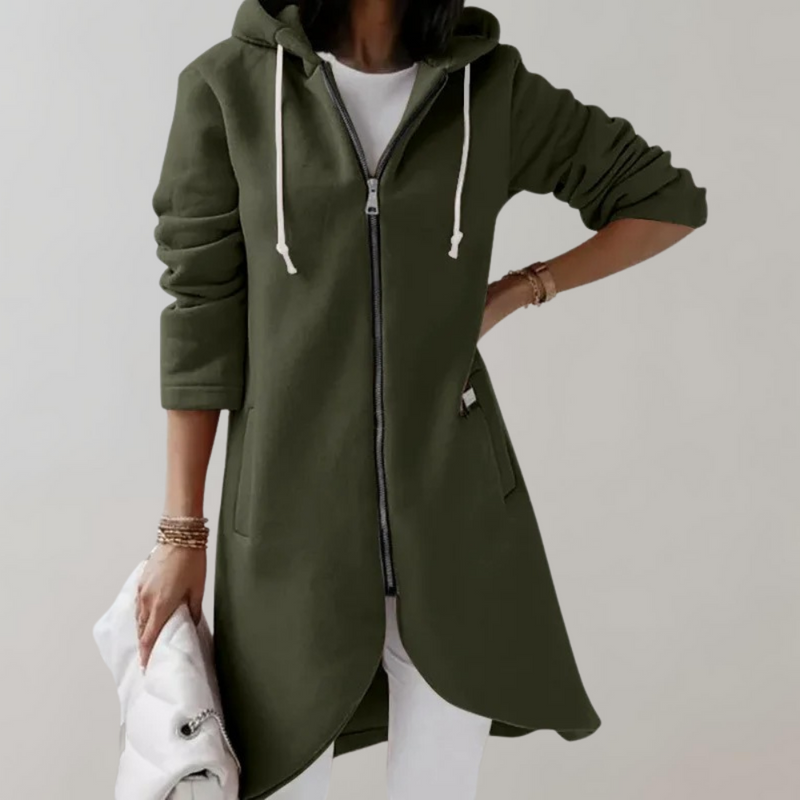 Grüner Damen-Hoodie-Mantel mit Reißverschluss, Kapuze und Taschen, lässige Mode.