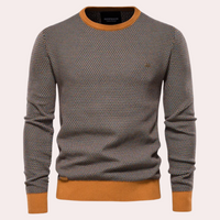 Herrenpullover, orange-grau, Rundhals, Strickmuster, Baumwolle, modisch, bequem, Herbstmode.