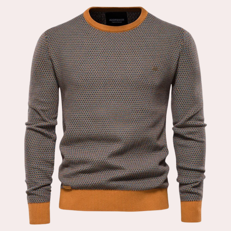 Herrenpullover, orange-grau, Rundhals, Strickmuster, Baumwolle, modisch, bequem, Herbstmode.