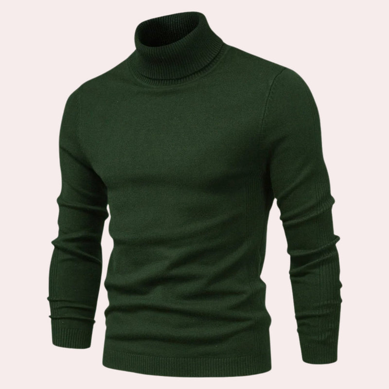 Dunkelgrüner Rollkragenpullover für Herren, Strick, warm, modisch, Winterkleidung.