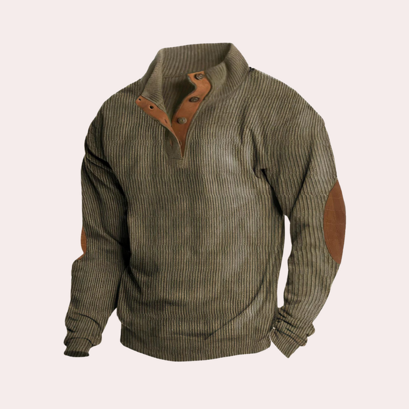 Grüner Herrenpullover mit Knopfleiste und Ellenbogen-Patches, Strick, Freizeitmode.