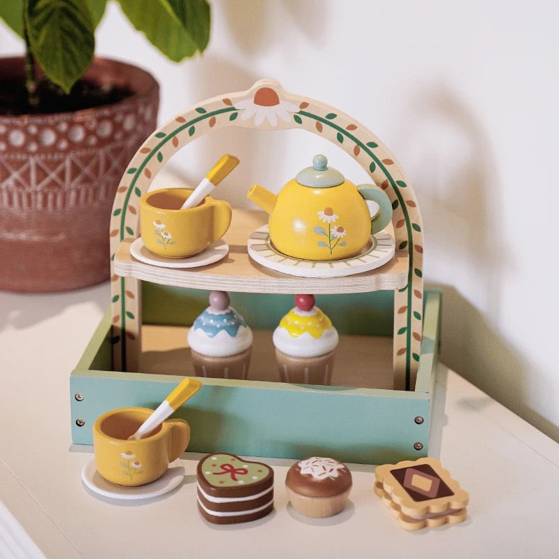 Holz-Tee-Set für Kinder mit Cupcakes und Teekanne – Spielzeit