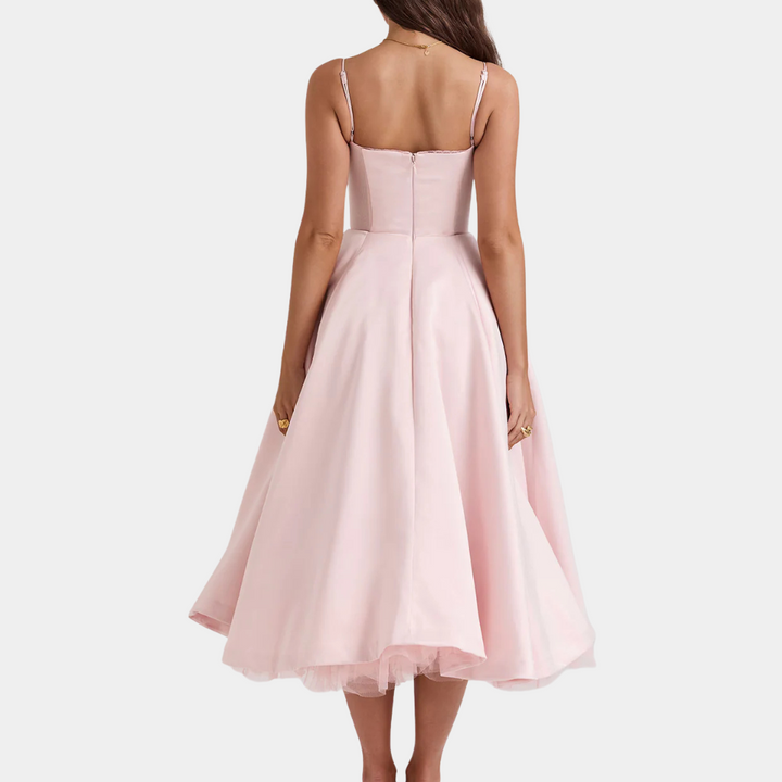 Rosa Abendkleid Damen, ärmellos, knielang, elegantes Design, Satin, Rückansicht.