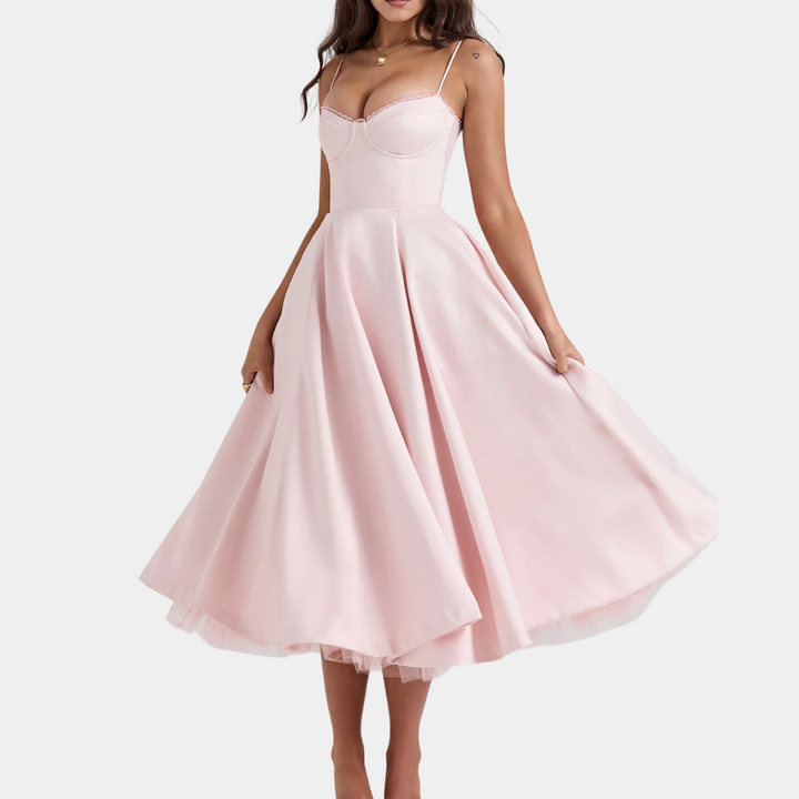Damen Abendkleid rosa, Spaghettiträger, A-Linie, Satin, elegant, knielang, festlich