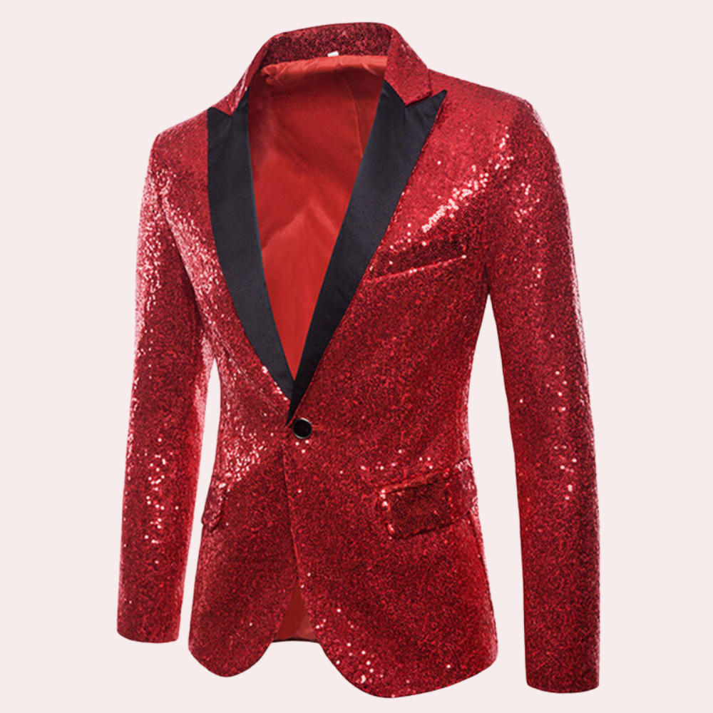 Roter Pailletten-Blazer für Herren, glänzend, festlich, mit schwarzem Revers.