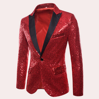 Roter Pailletten-Blazer für Herren, glänzend, festlich, mit schwarzem Revers.