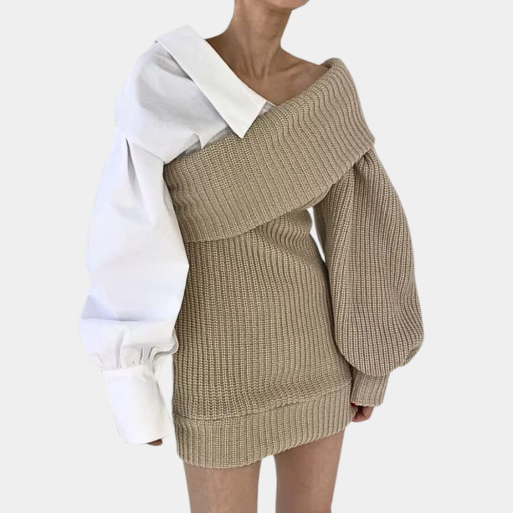 Gebrüschtes Off-Shoulder Kleid mit kontrastierenden Ärmeln – Selina