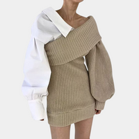 Gebrüschtes Off-Shoulder Kleid mit kontrastierenden Ärmeln – Selina