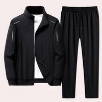 Schwarzer Herren-Trainingsanzug, Jacke und Hose, Sportbekleidung, Freizeitmode, Polyester.