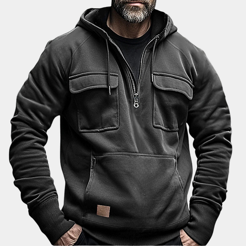 Schwarzer Herren-Hoodie mit Reißverschluss, Taschen, Kapuze, Baumwolle, lässige Mode.