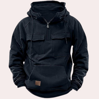 Schwarzer Herren-Hoodie mit Reißverschluss, Kängurutasche und Kapuze aus Baumwolle.