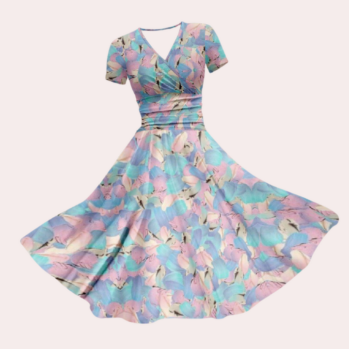 Herbstliches Buntes Midi-Kleid mit V-Ausschnitt – Selina