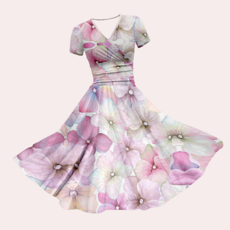 Herbstliches Buntes Midi-Kleid mit V-Ausschnitt – Selina