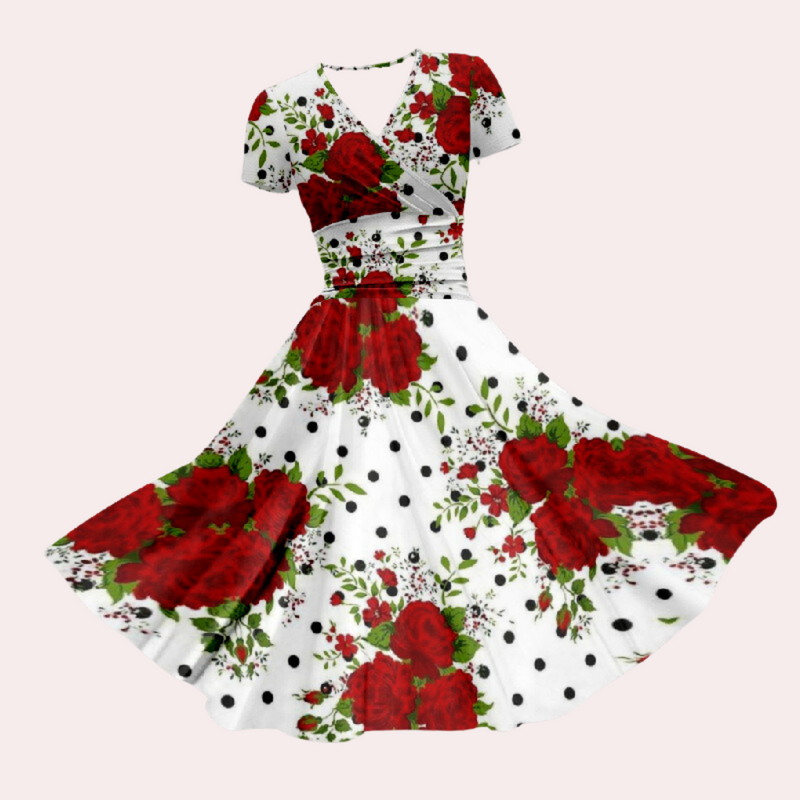 Herbstliches Buntes Midi-Kleid mit V-Ausschnitt – Selina