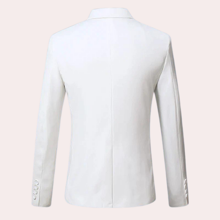 Weiße Herrenjacke, Rückansicht, elegantes Design, Anzugjacke, formelle Kleidung.