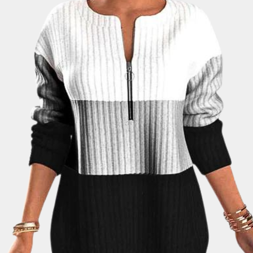 Schwarz-weiß gestreifter Damenpullover mit Reißverschluss, langärmelig, modisch.