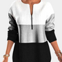 Schwarz-weiß gestreifter Damenpullover mit Reißverschluss, langärmelig, modisch.