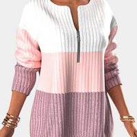 Damen-Pullover, rosa-weiß, gestreift, Reißverschluss, Strick, modisch, langärmelig.