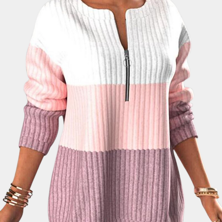 Damen-Pullover, rosa-weiß, gestreift, Reißverschluss, Strick, modisch, langärmelig.