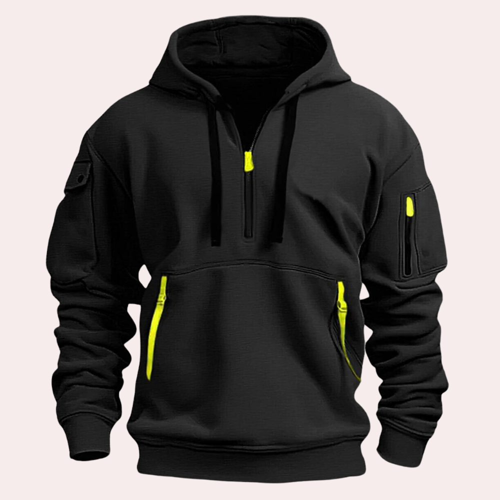 Schwarzer Hoodie mit gelben Reißverschlüssen, Kapuze, Taschen, sportlich, Unisex, Baumwolle.