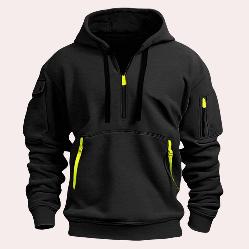 Schwarzer Hoodie mit gelben Reißverschlüssen, Kapuze, Taschen, sportlich, Unisex, Baumwolle.